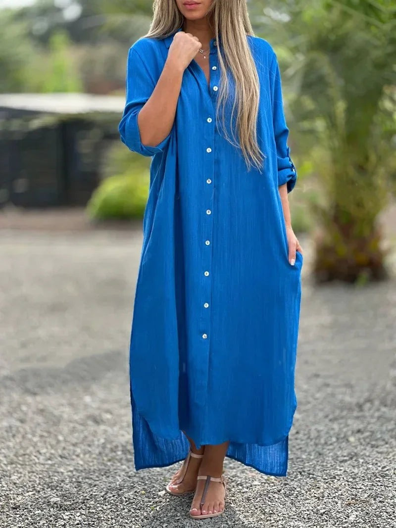 Cobalt blue button-through shirt maxi dress with high-low hemline