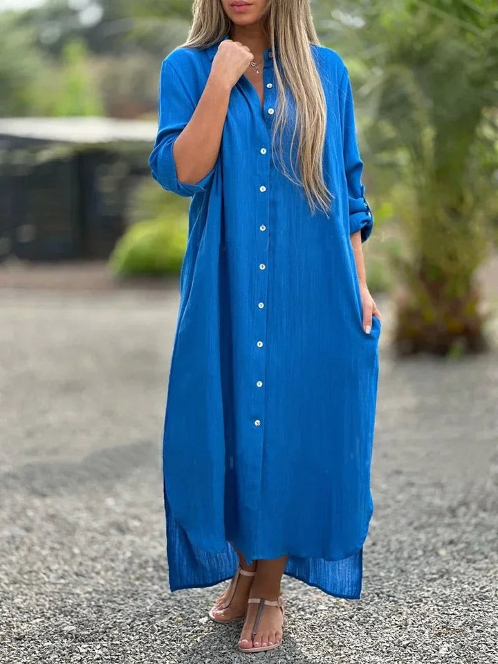 Cobalt blue button-through shirt maxi dress with high-low hemline