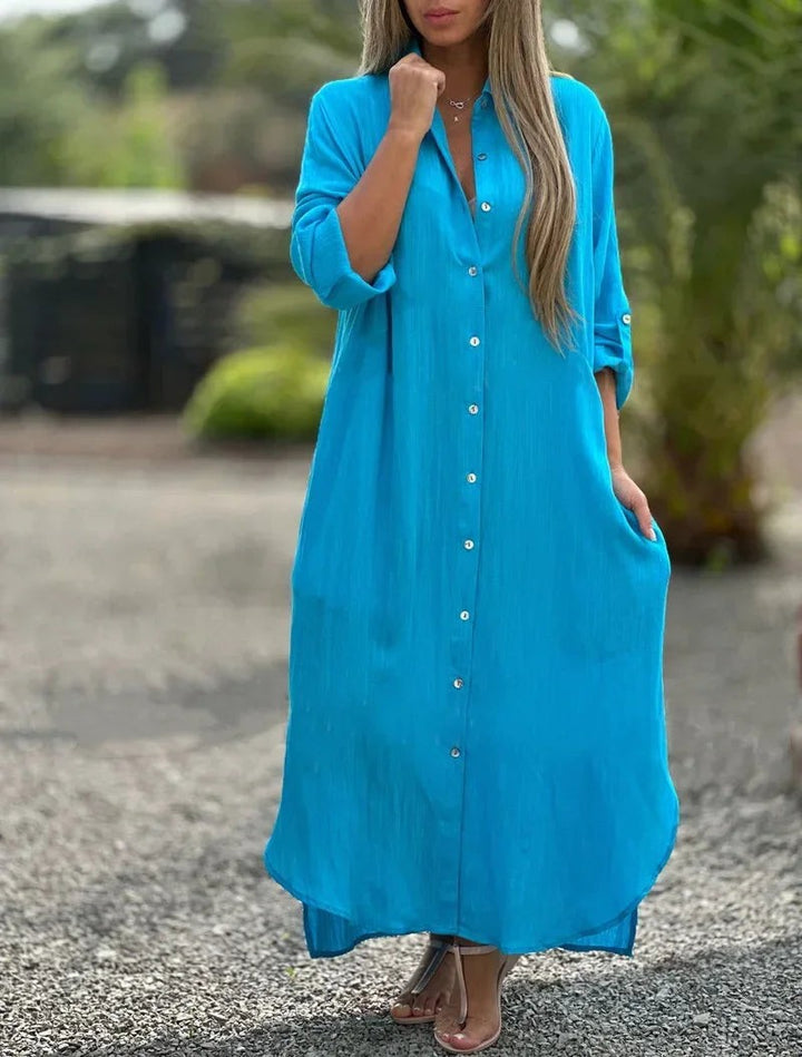 Sky blue long sleeve shirt maxi dress with collared neckline