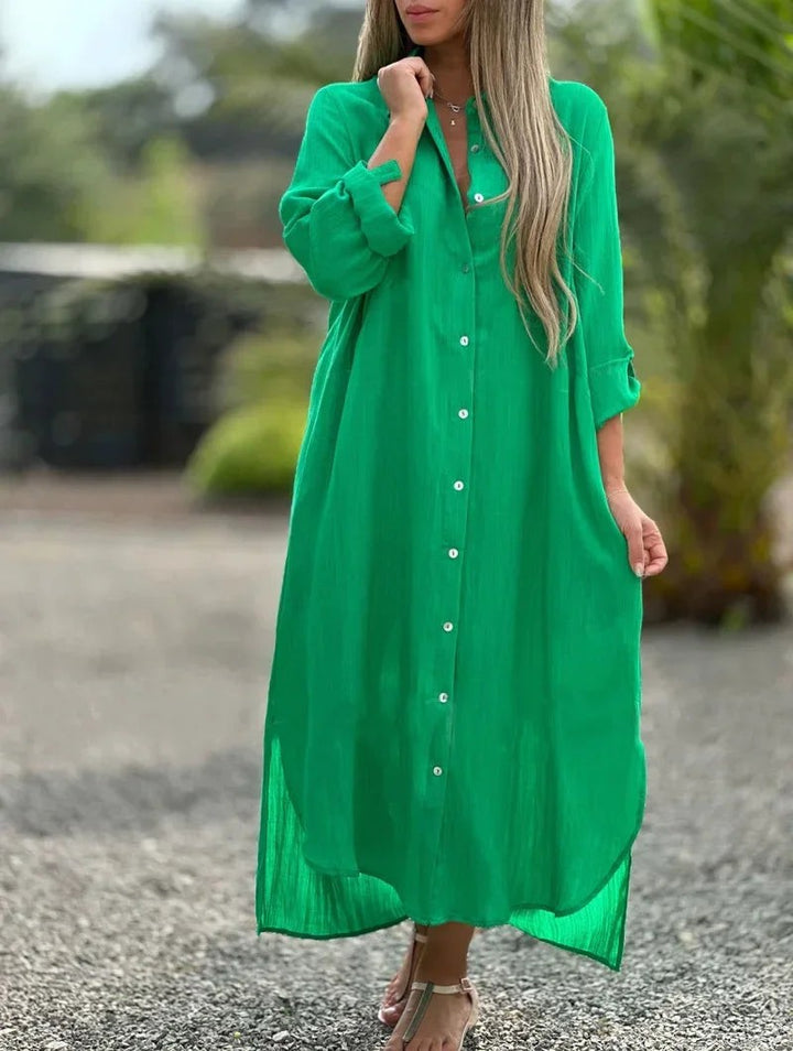 Emerald green shirt maxi dress with button placket and rolled sleeves