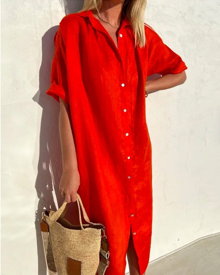 Bright red midi shirt dress with button-down front and short sleeves