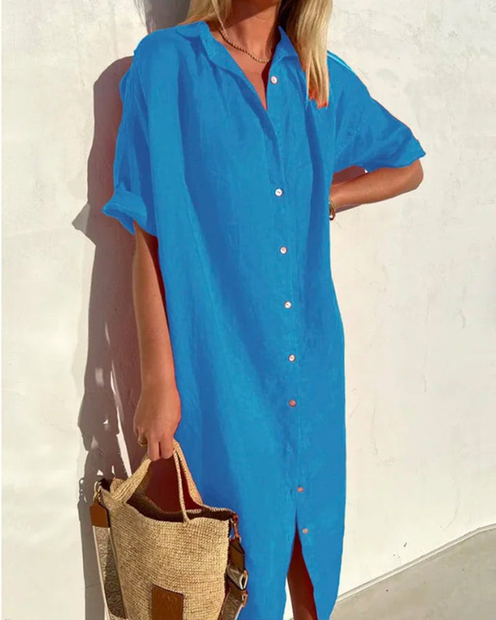 Vivid blue midi shirt dress with button-front detail and rolled sleeves