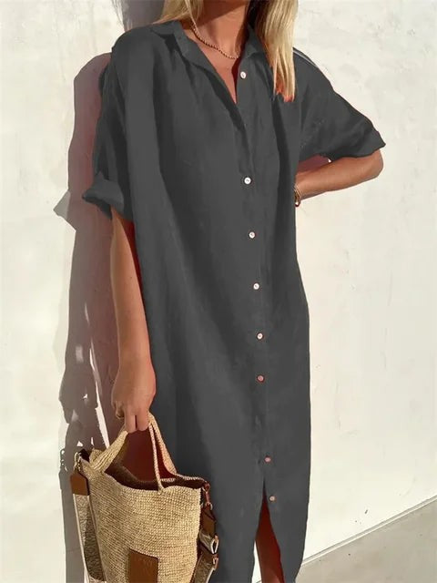 Charcoal grey midi shirt dress with relaxed fit and side slit