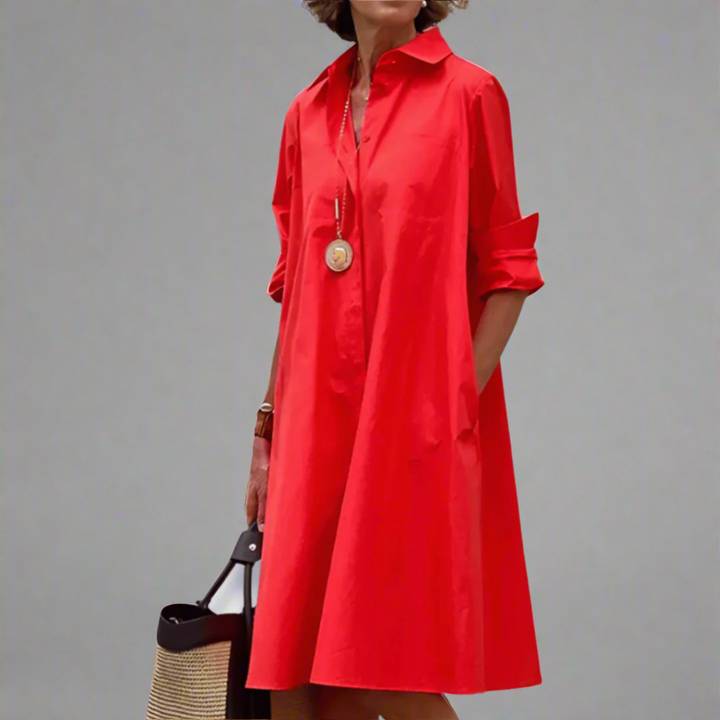 Red collared shirt dress with rolled sleeves and swing silhouette