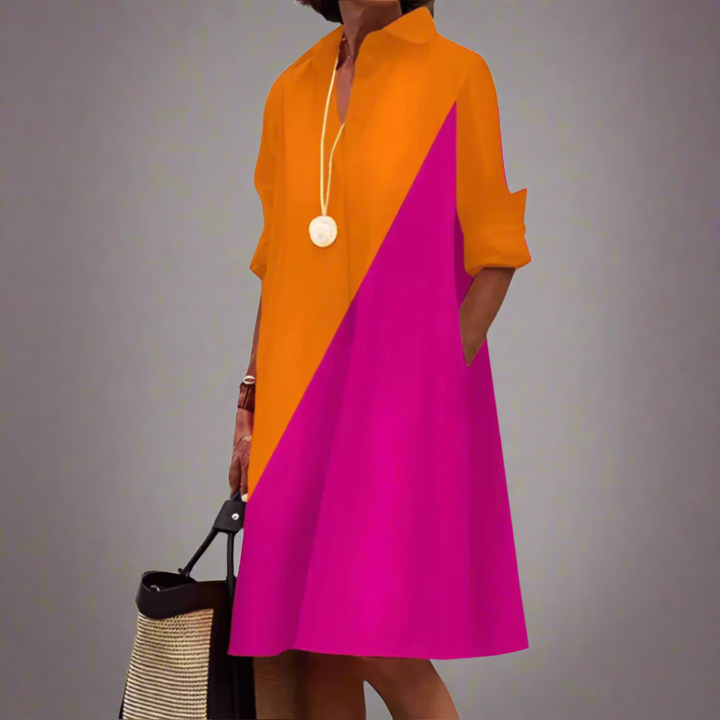 Orange and pink colour-block shirt dress with collar and rolled sleeves