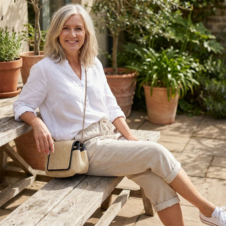 Woman relaxing outdoors wearing beige linen turn-up trousers and a white linen shirt