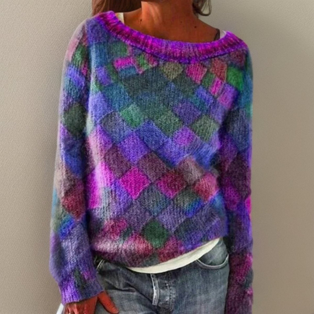 Purple multicoloured diamond-pattern knit jumper with boat neckline and long sleeves