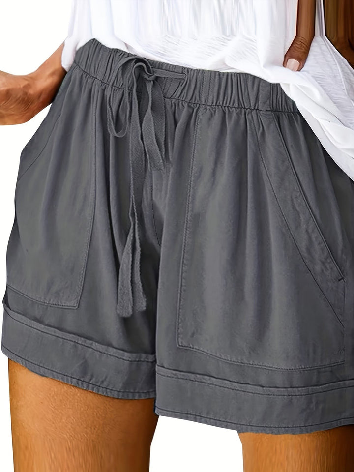 Charcoal drawstring shorts with elasticated waistband and patch pockets, relaxed fit