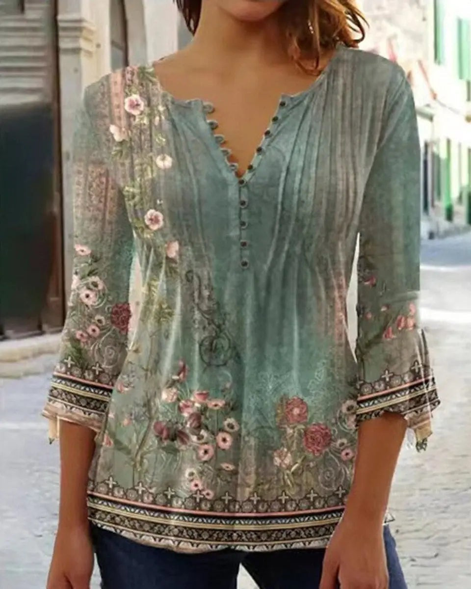 Sage green henley blouse with vintage floral border print and bell sleeves