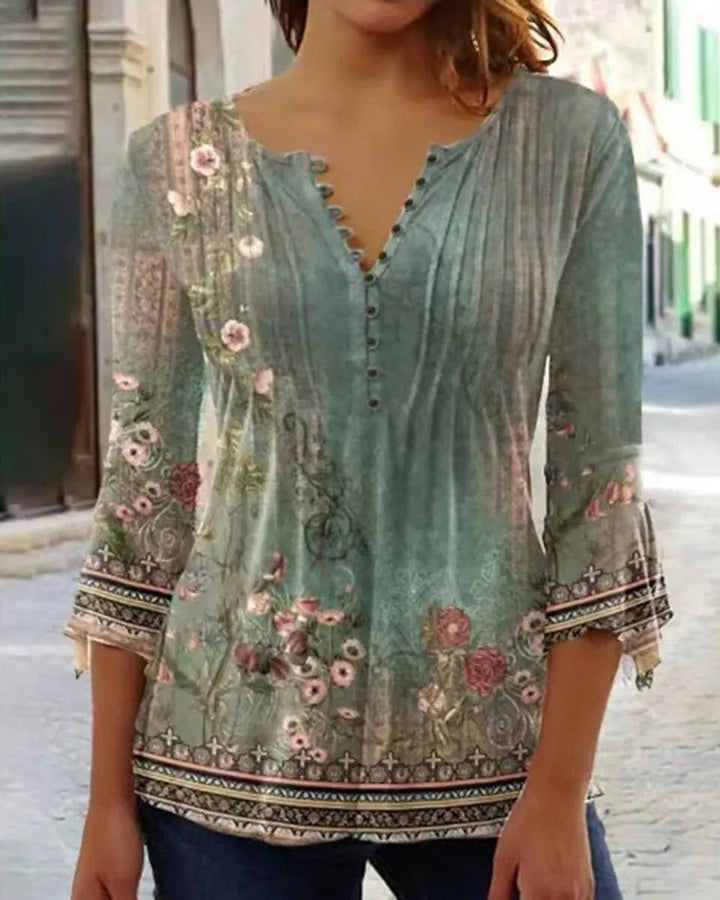 Sage green henley blouse with vintage floral border print and bell sleeves