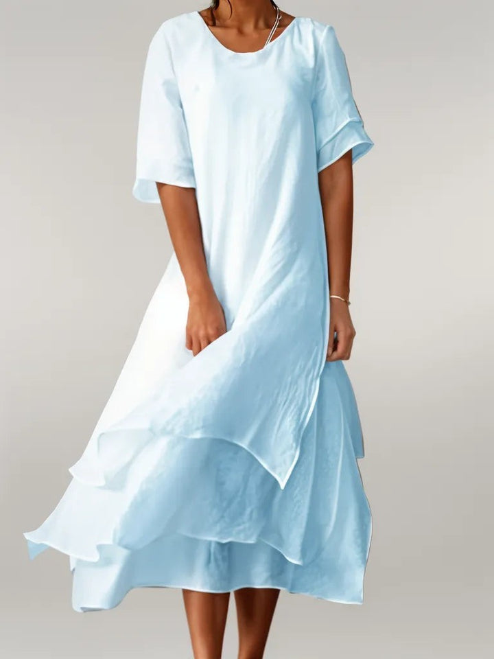 Sky blue layered hem midi dress with tiered ruffles and flutter sleeves