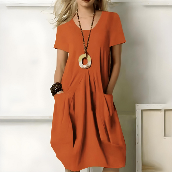 Burnt orange balloon-hem dress with relaxed fit and short sleeves