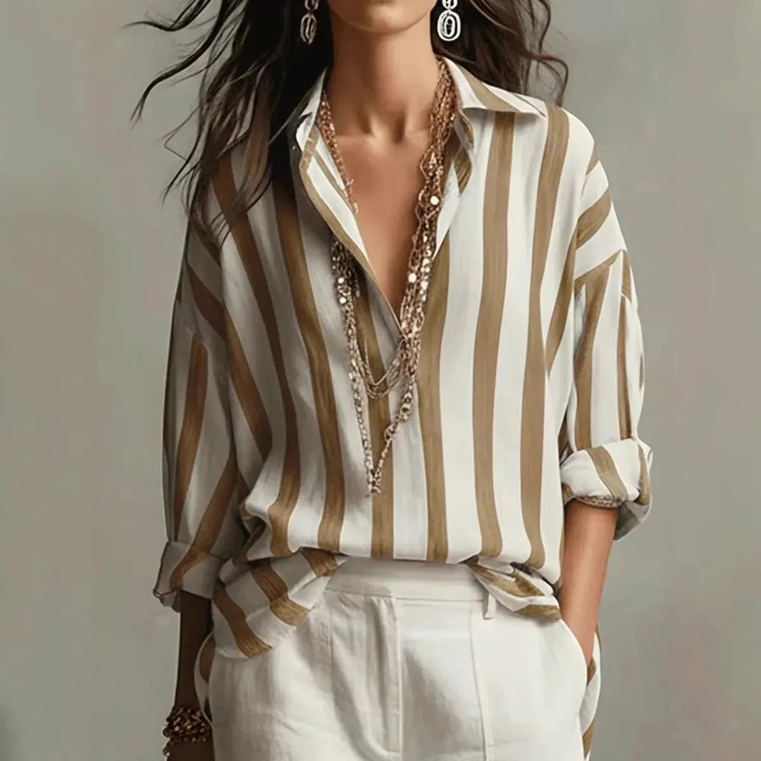 Beige and white striped linen-style blouse featuring relaxed fit and collar
