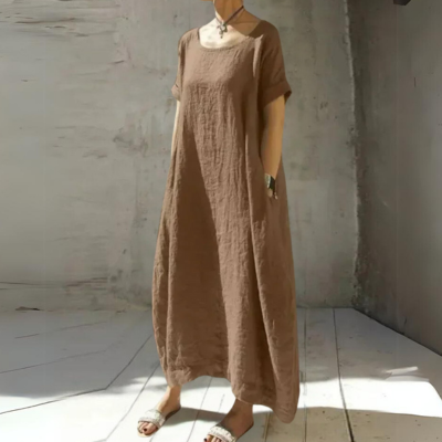Brown linen caftan maxi dress featuring short sleeves and relaxed silhouette