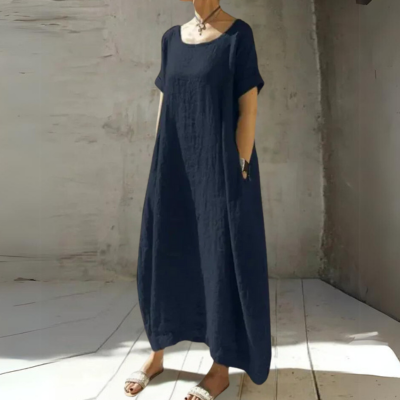 Navy linen short-sleeve maxi dress with square neckline and flowing hem