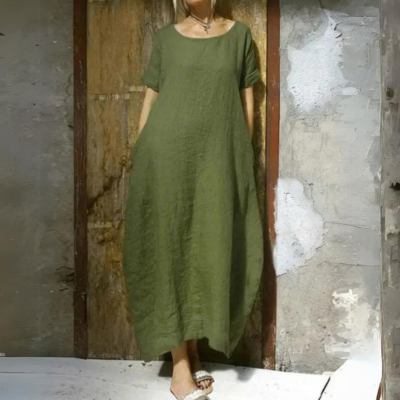 Olive green linen caftan maxi dress with short sleeves and oversized shape