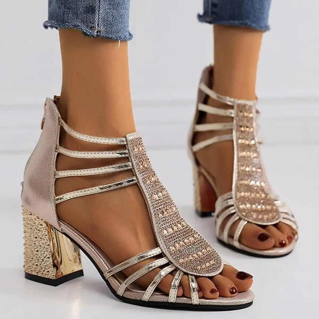 Champagne rhinestone strappy sandals with studded gold block heels