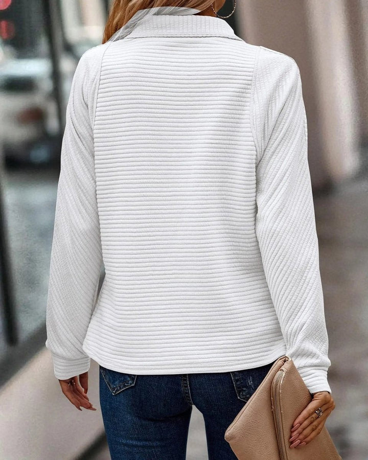 Back view of white ribbed quarter-zip jumper with mock neck design