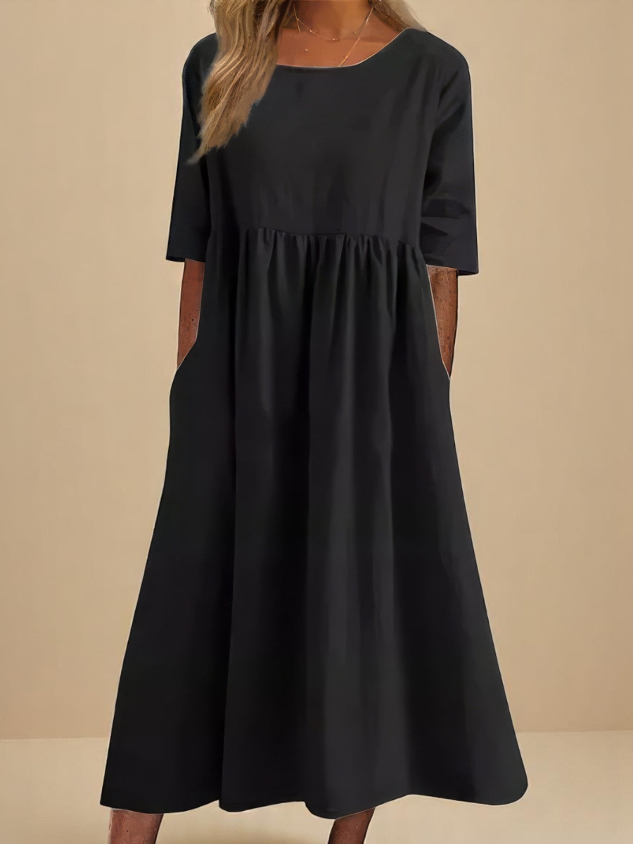Black midi smock dress with mid sleeves and side pockets