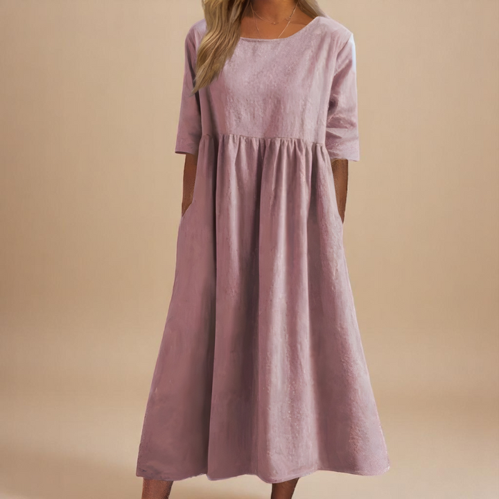 Dusty pink midi dress with round neck and side pockets
