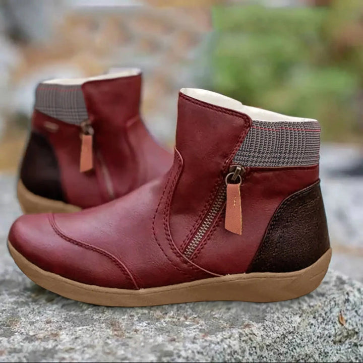 Burgundy leather ankle boots with houndstooth cuff and rubber sole