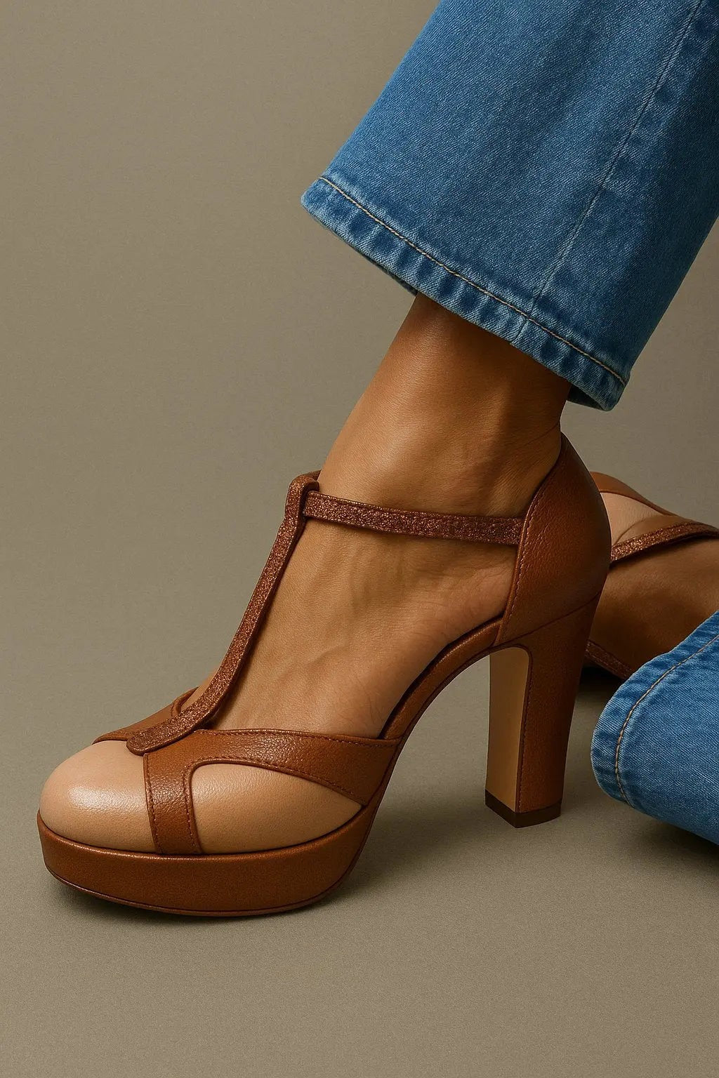 Tan leather T-bar platform heels with retro block heel, worn with cropped jeans
