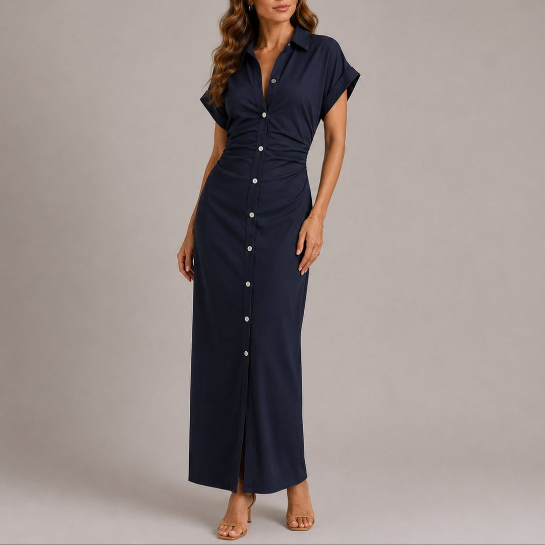 Navy button-down maxi shirt dress with ruched waist and collar detail