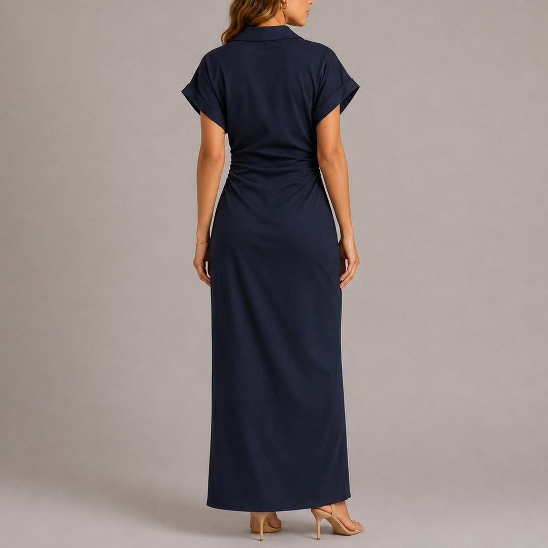 Rear view of navy ruched maxi shirt dress with cap sleeves