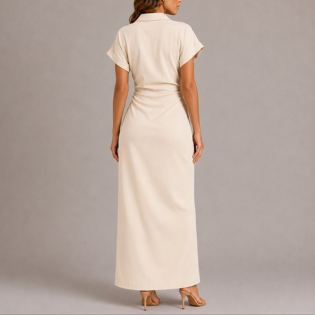 Back view of cream ruched maxi shirt dress with collared neckline