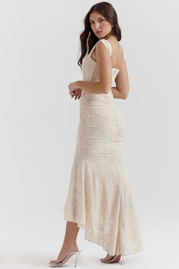 Cream lace maxi dress with ruched skirt, rear profile view