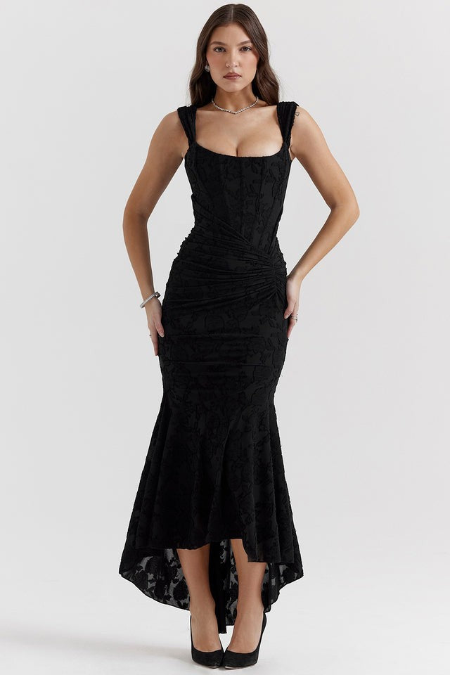 Black lace corset bodycon dress with ruched waist and mermaid hem