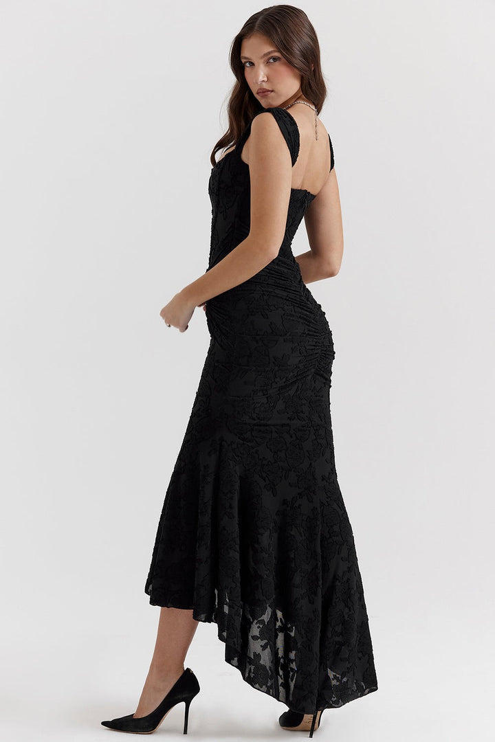 Black floral lace bodycon dress with ruched detailing, rear view