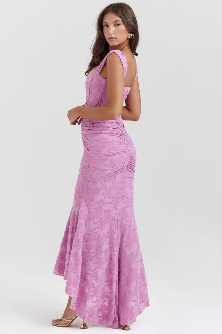 Pink lace maxi dress with ruched waist, side profile view