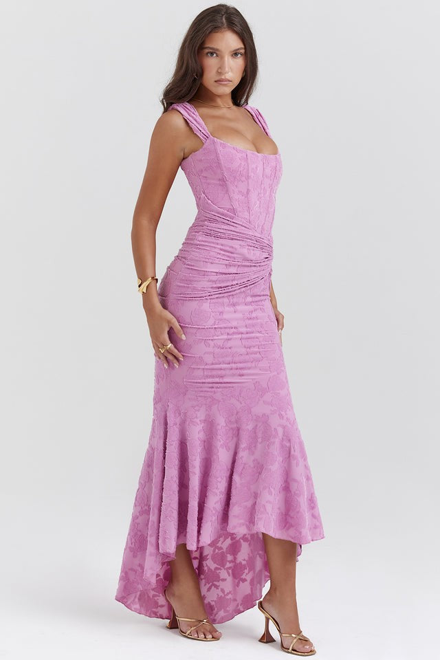 Lilac lace corset maxi dress with high-low hem, side angle