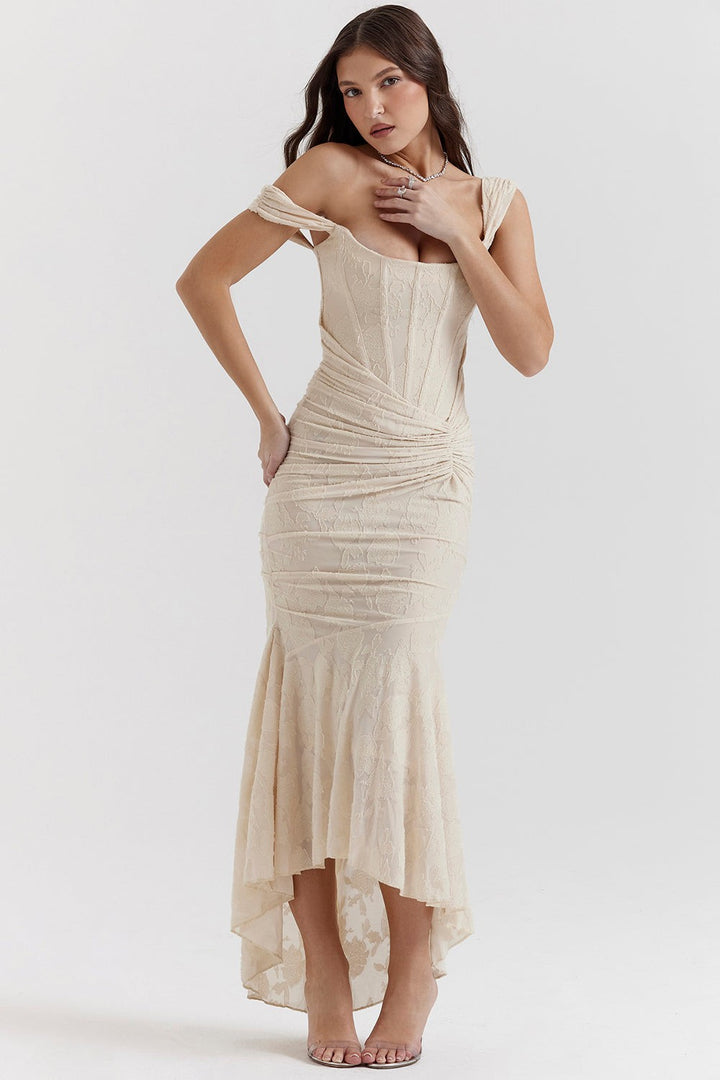 Cream floral lace corset dress with off-shoulder sleeve detail