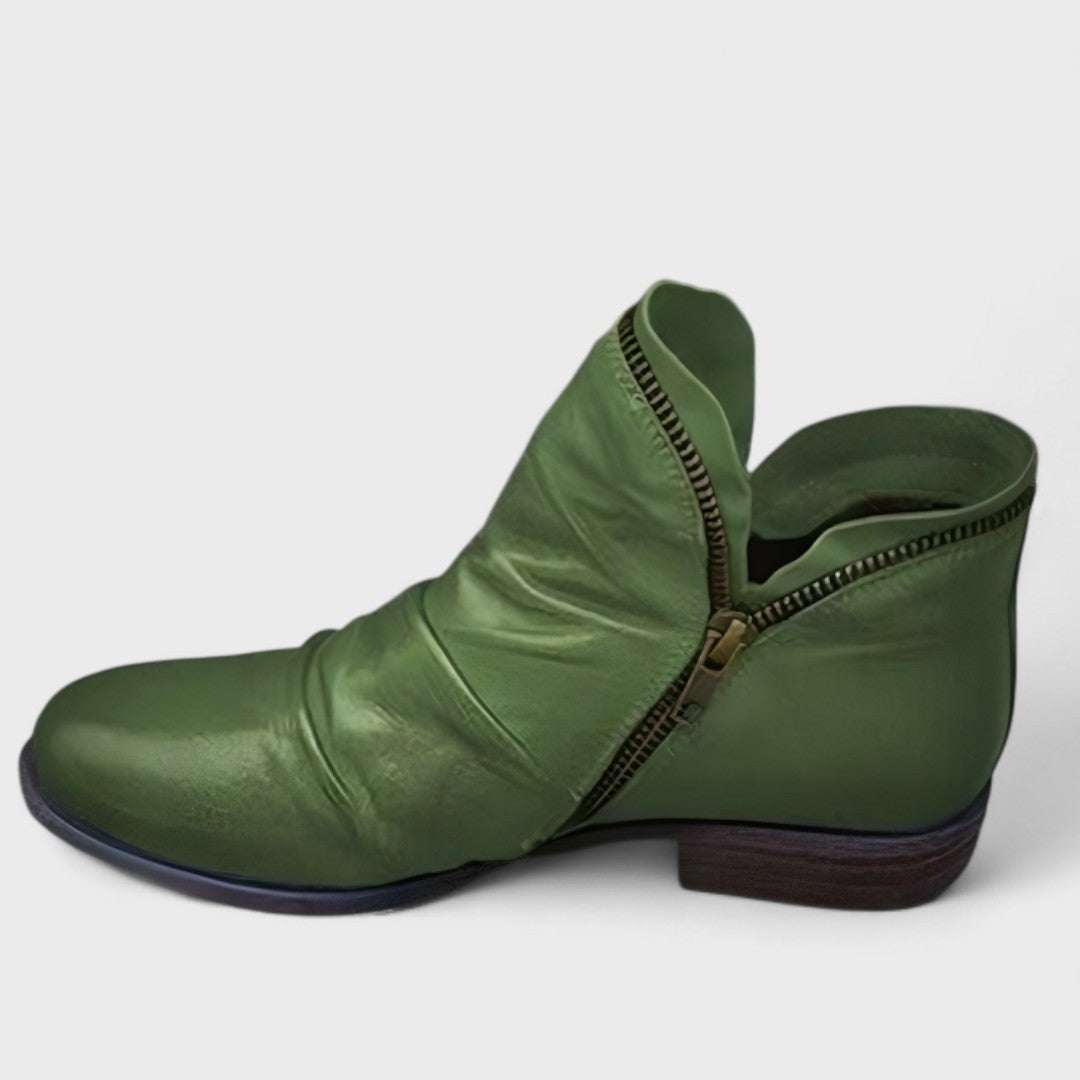Green leather ankle boot with ruched finish and low block heel