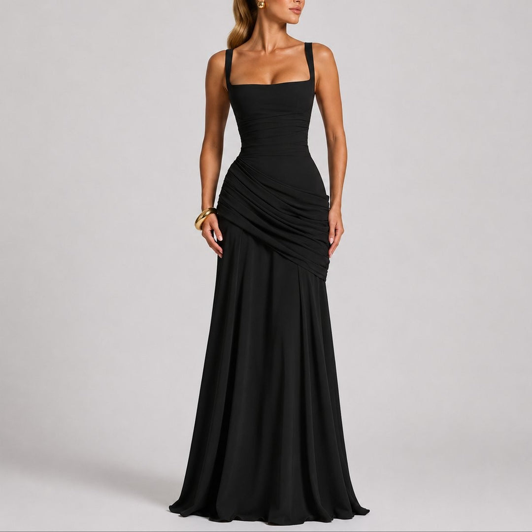 Black square-neck maxi dress with ruched waist and flowing skirt