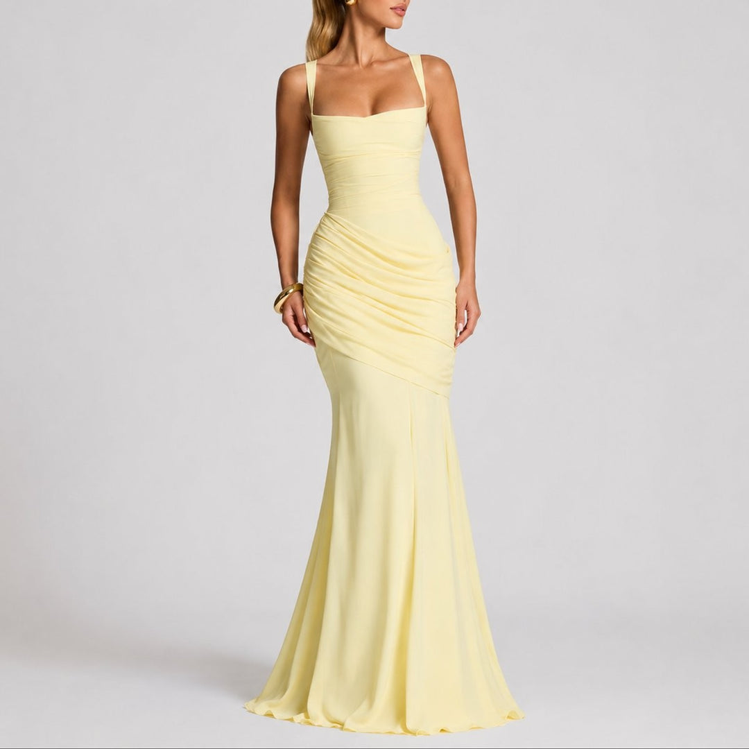 Pale yellow square-neck gown with draped ruching and mermaid hem