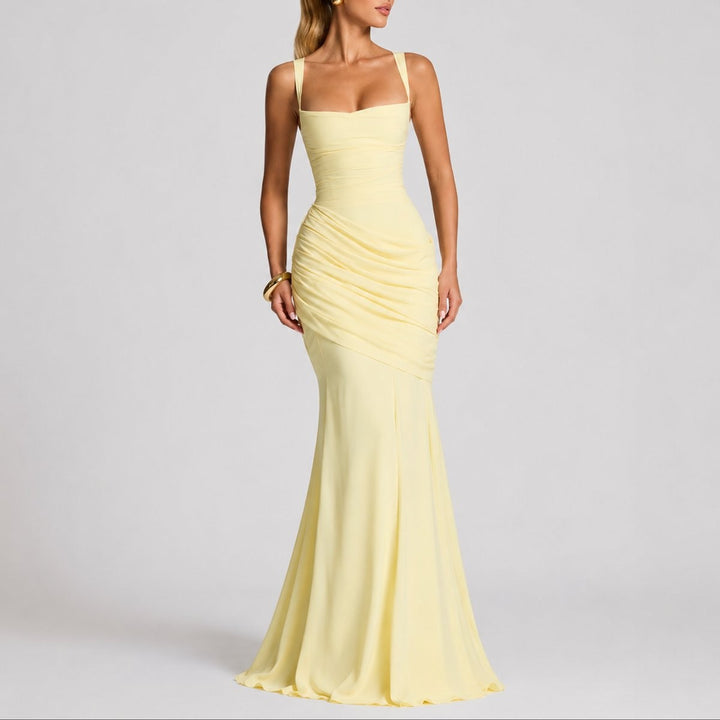 Pale yellow square-neck gown with draped ruching and mermaid hem