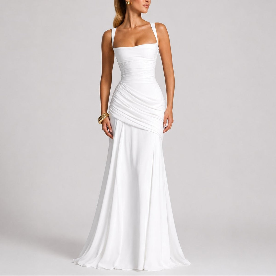 White square-neck maxi dress with ruched waist and sweeping skirt