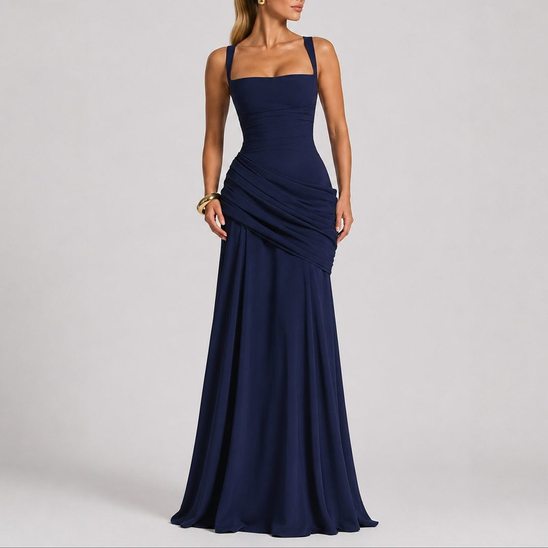 Navy square-neck maxi dress with draped ruching and A-line skirt