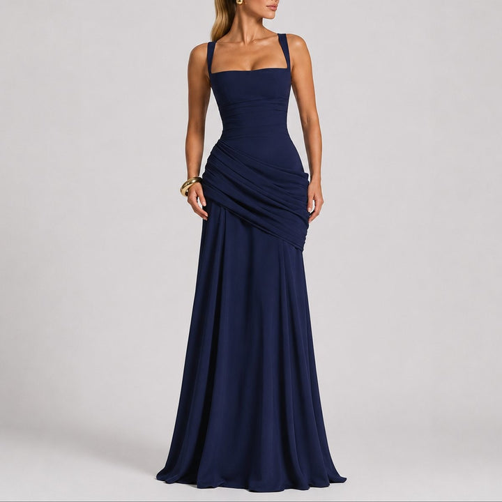 Navy square-neck maxi dress with draped ruching and A-line skirt