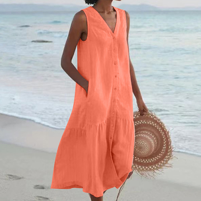 Coral sleeveless midi dress with button placket and dropped waist detail
