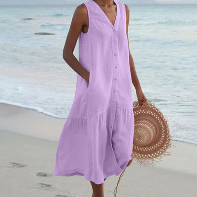 Lilac sleeveless midi dress featuring a tiered skirt and button-front design