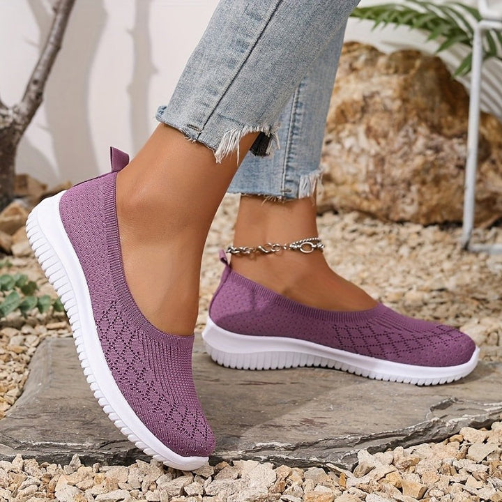 Purple knit slip-on trainers with breathable diamond weave pattern