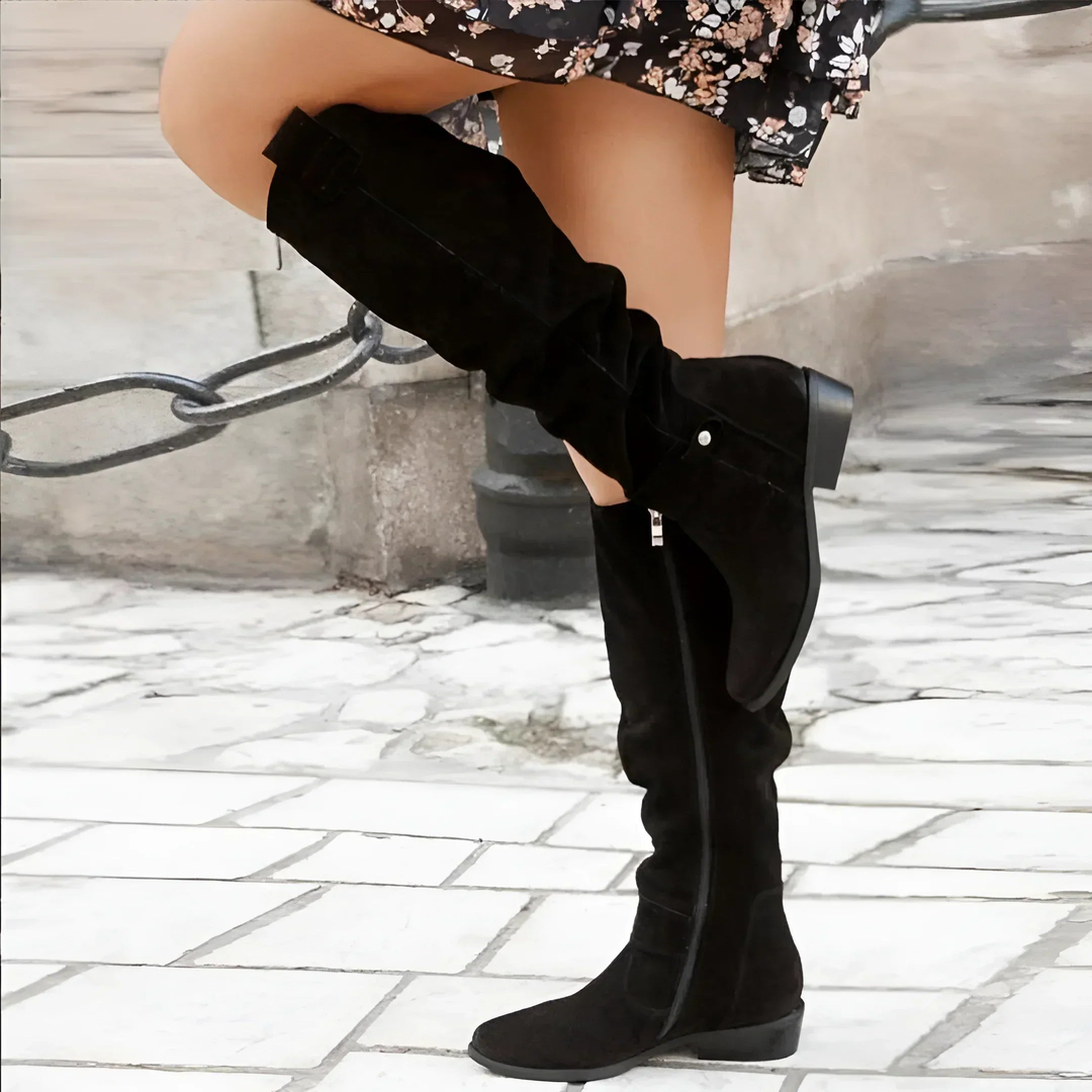 Black suede knee boots with ruched shaft and low block heel