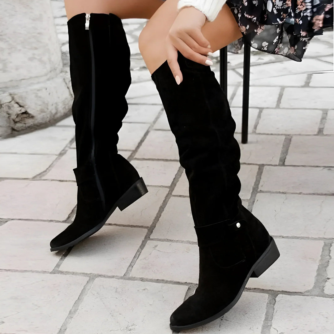 Black suede knee boots with ruched detailing and hidden side zip