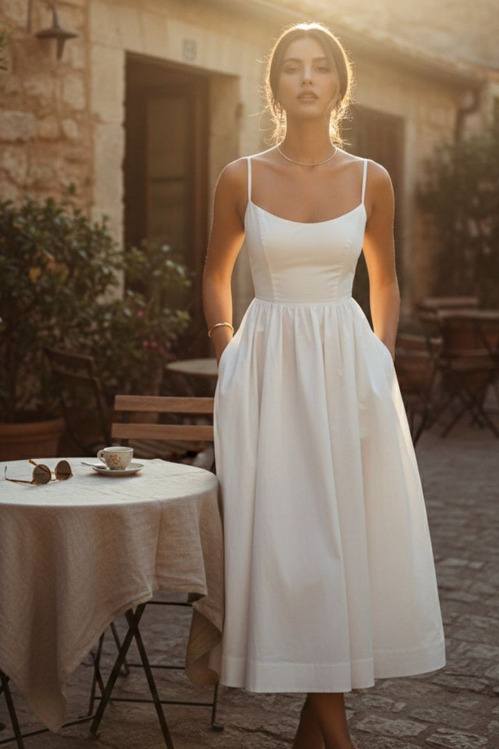 White strappy midi dress with fitted bodice and full skirt, worn outdoors