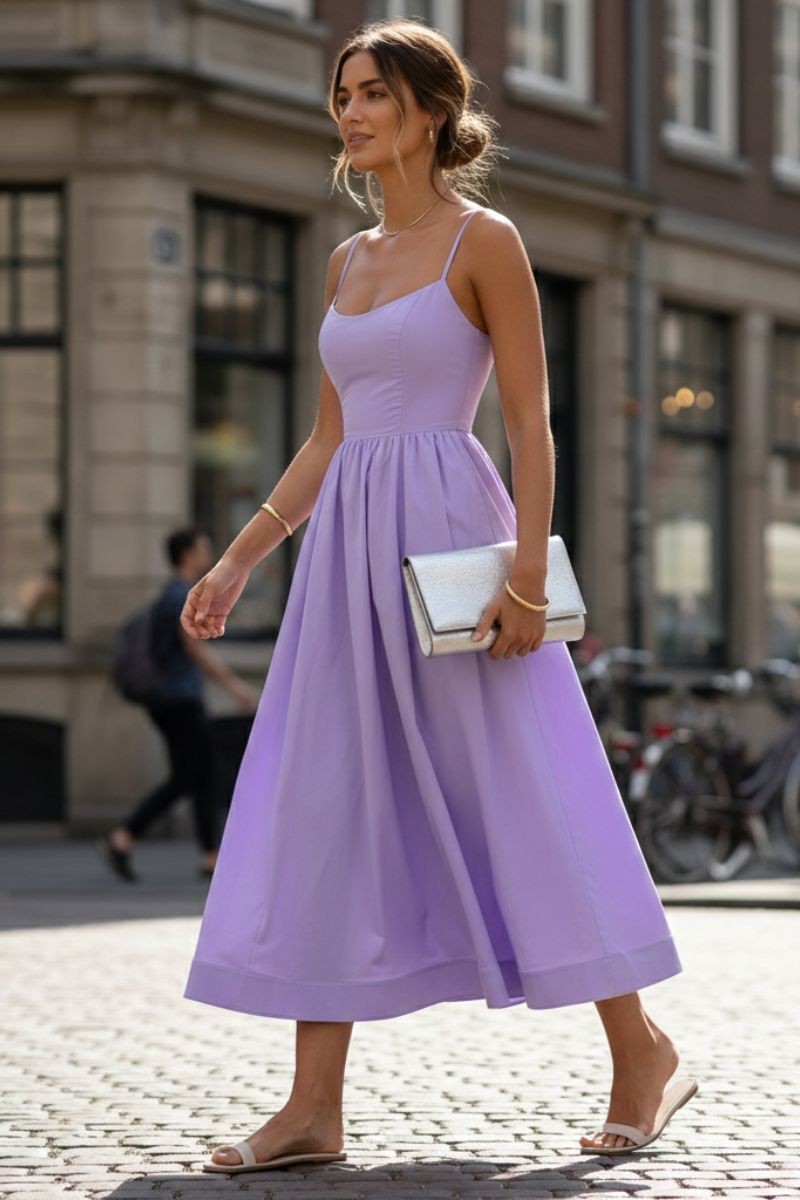 Lilac sleeveless midi dress with fitted waist worn on a cobbled street