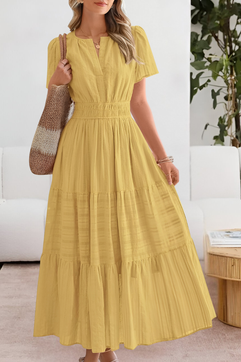 Mustard yellow tiered maxi dress with split neckline and puff sleeves